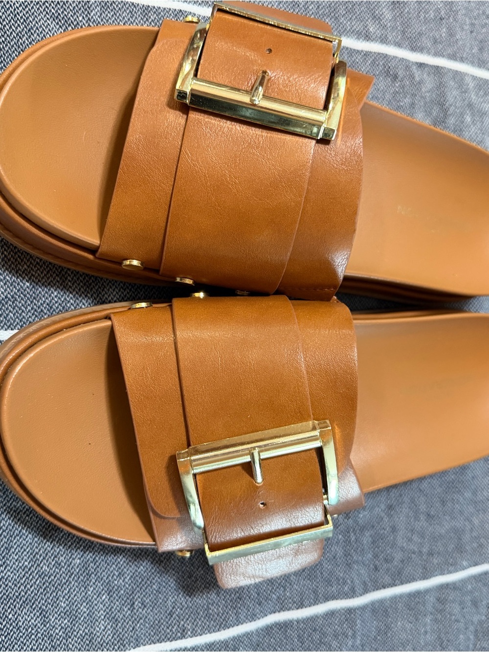 BCBG Tan Leather Slide Sandals with Gold Buckles